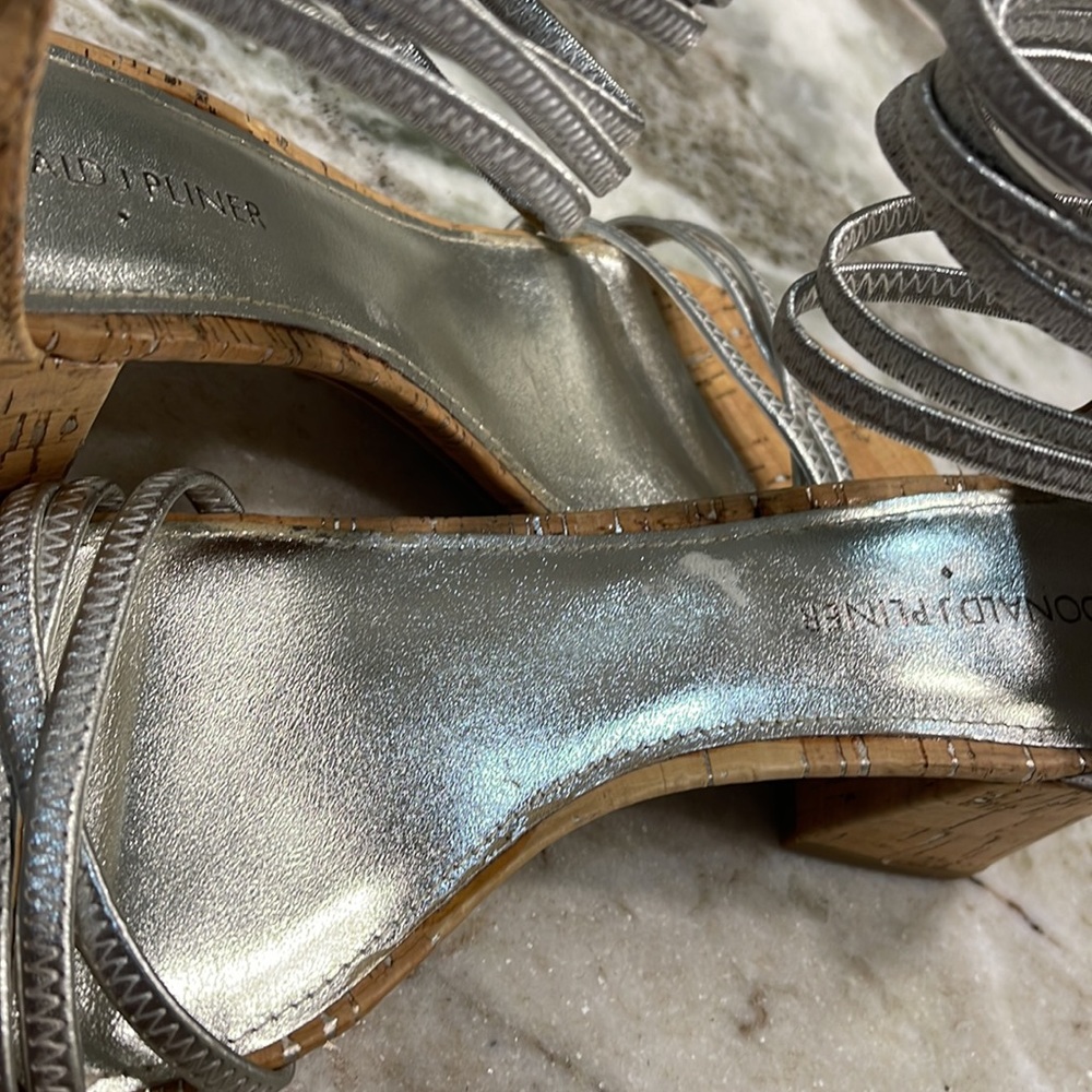 Donald J. Pliner Silver Strappy Cork Block Heel Sandals - Picture 11 of 11